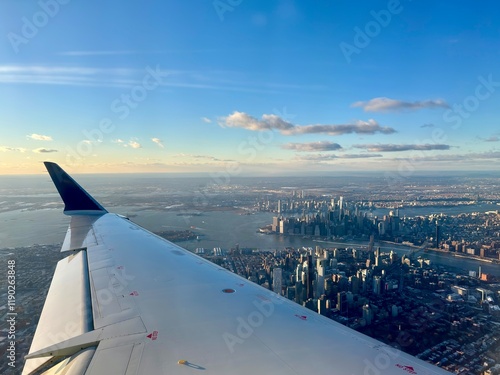 Aerial view of lower Manhattan skyline, East River, wing