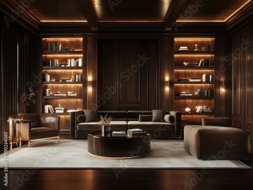 A polished dark wood paneling with a high-end, refined appearance and soft lighting photo