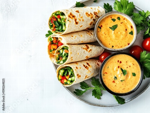 Healthy Wrap Platter with Fresh Veggies and Dips Kitchen Table Setting Food Photography Top View Presentation photo