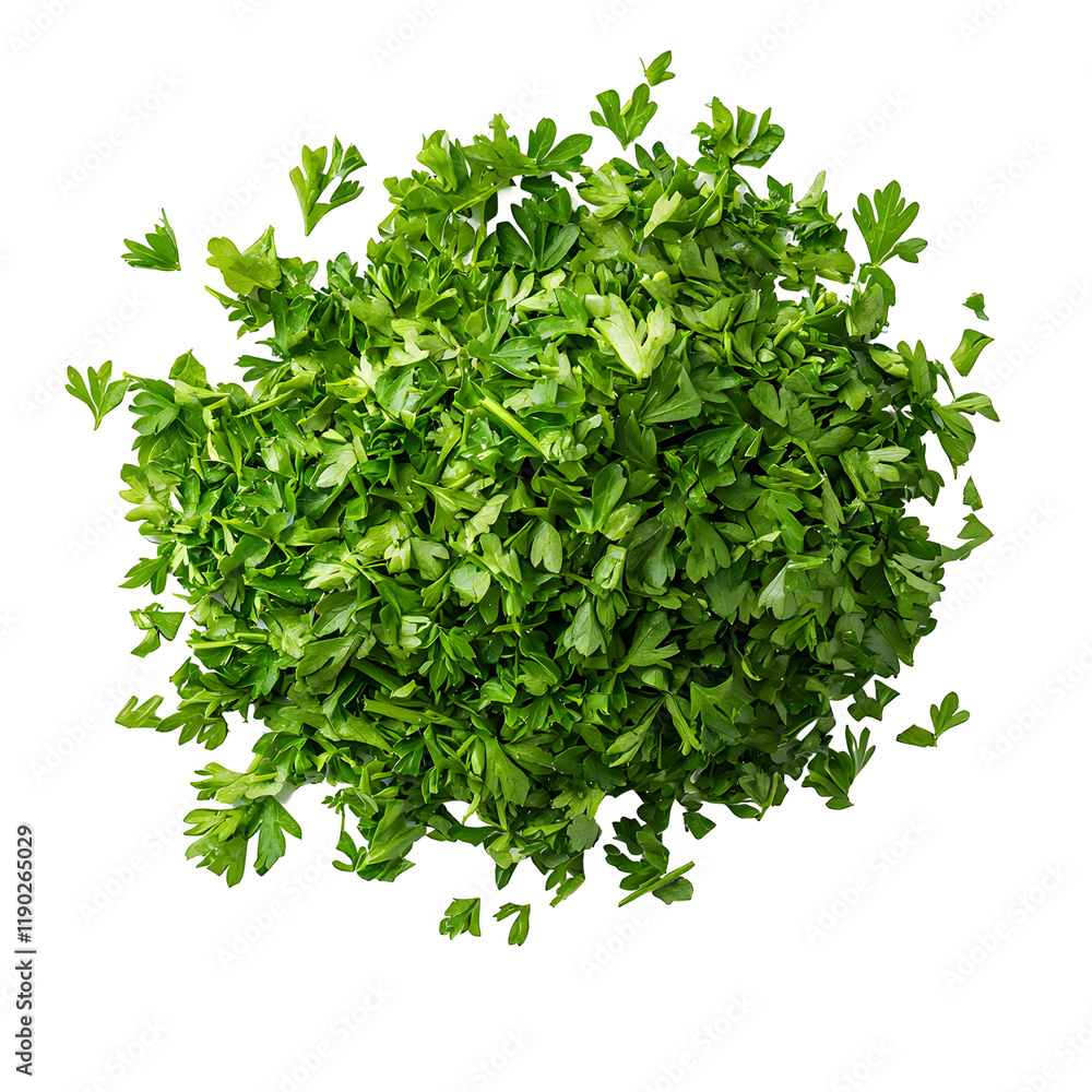 Obraz premium Freshly Harvested Organic Parsley Leaves Spread on White Background with Copy Space