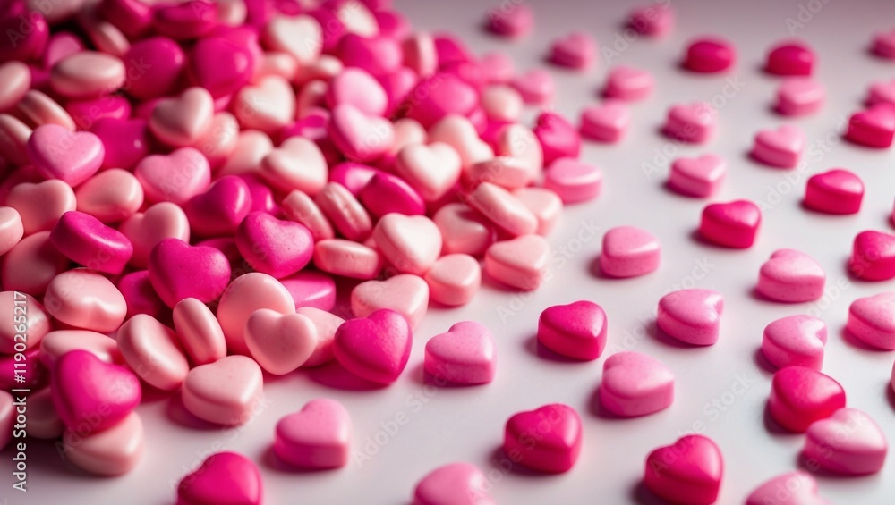 A lot of pink heart shaped candies on a pink surface A lot of pink heart shaped candies on a pink surface