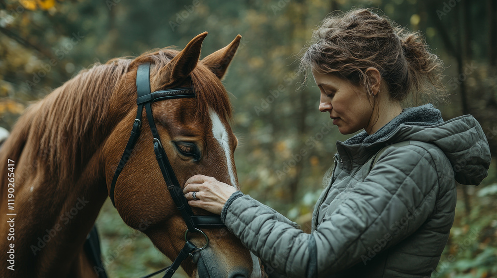 Obraz premium A woman connecting with her horse in a serene forest setting, showcasing harmony.