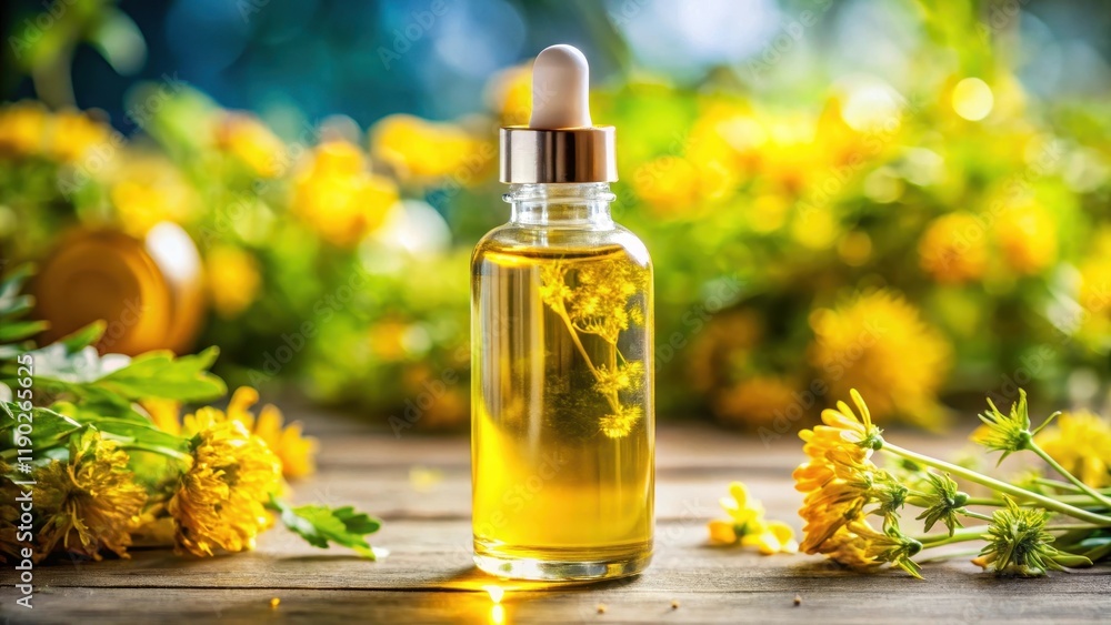 A close-up shot of a glass ampoule filled with a vibrant yellow serum containing various herbal extracts and natural ingredients , Natural Ingredients, Ampoule A close-up shot of a glass ampoule filled with a vibrant yellow serum containing various herbal extracts and natural ingredients , Natural Ingredients, Ampoule