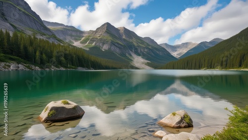 Tranquil blue glacial lake reflecting snow-capped mountains in a scenic Canadian panorama photo