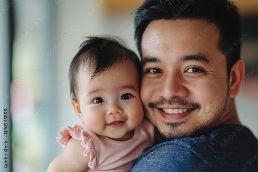 Smiling father holds baby, showcasing heartwarming bond and joy Smiling father holds baby, showcasing heartwarming bond and joy