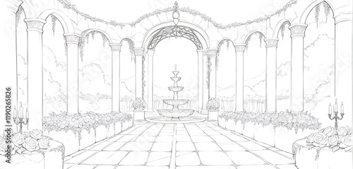 A luxurious, candlelit garden at sunset, with intricately lit pathways, a grand stone fountain, and a sweeping arched trellis adorned with lush greenery and vibrant flowers.
