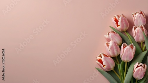 Bouquet of pink tulips on a pink background, top view, space for text.