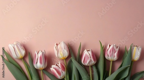 Bouquet of pink tulips on a pink background, top view, space for text.