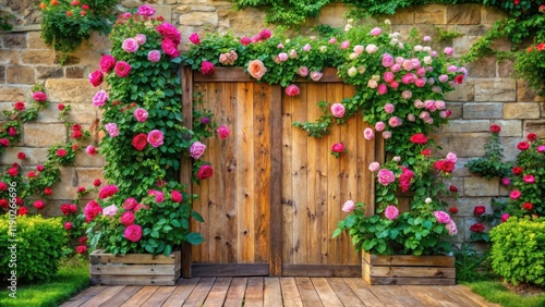 Fototapeta Naklejka Na Ścianę i Meble -  Wooden backdrop with lush greenery and blooming roses in a serene garden setting, surrounded by natural stone walls and vibrant flowers , serenity, outdoor decor
