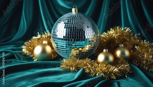 Shiny gold and green Christmas ball ornaments hang on a blue background, celebrating the winter holiday season