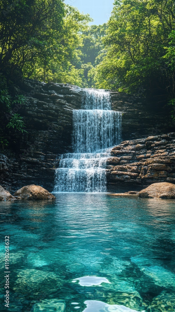 Fototapeta premium A serene waterfall cascading into a crystal-clear pool, surrounded by greenery