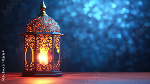 Traditional Islamic lantern with intricate patterns glowing on a wooden surface, blue bokeh lights in the background photo