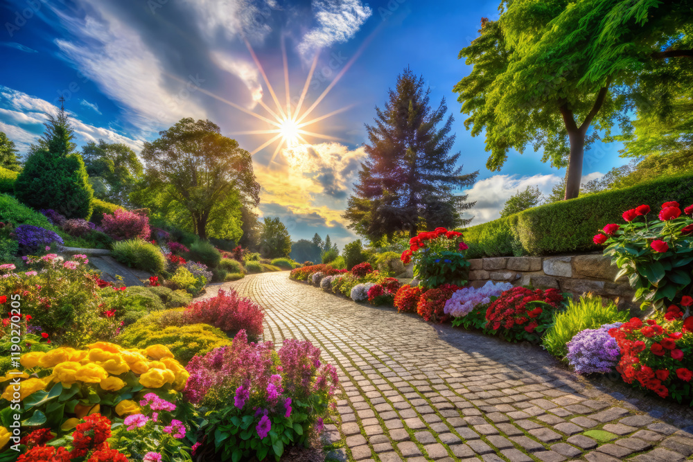 vibrant sun drenched landscape with colorful flowers and winding path vibrant sun drenched landscape with colorful flowers and winding path