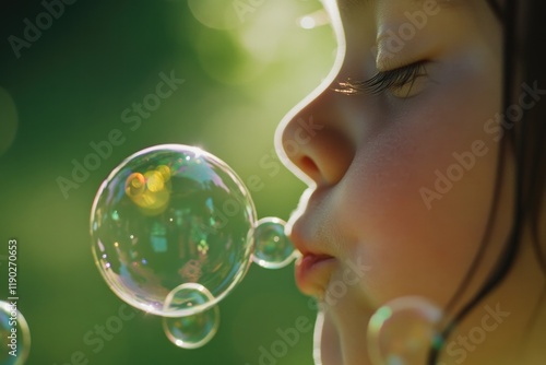 Child blowing bubbles in sunlight, capturing joy and innocence o