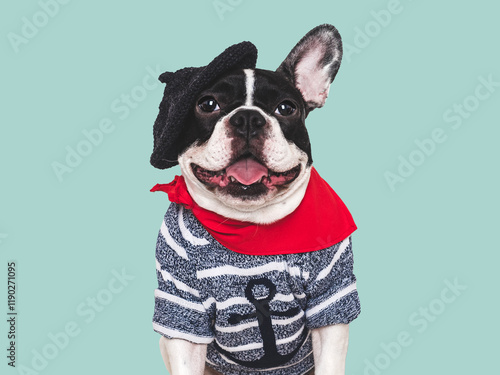 Stylish, lovable puppy and red neckerchief. Closeup, indoors. Studio shot, isolated, background. Elegant French style. Beauty and fashion concept photo