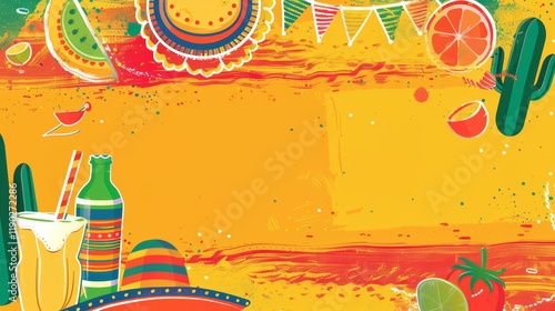 Vibrant Mexican Fiesta Background with Sombrero, Cactus, and Colorful Elements