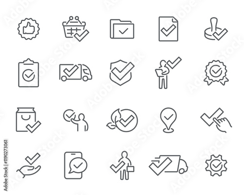 Verified Ecommerce Workflow. Linear icons- folder check, delivery truck, customer approval, certified quality, secure package, and mobile confirmation. Fully customizable and ready to use.