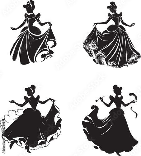 Cinderella black and white silhouette assets in vector farm 