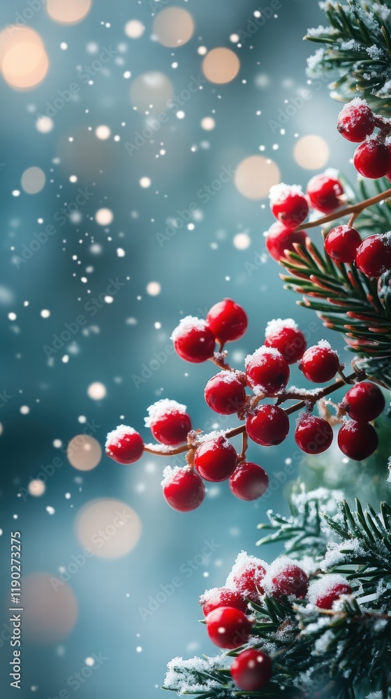 A traditional Christmas setting with mistletoe, bright red berries, and snowflakes gently drifting from above A traditional Christmas setting with mistletoe, bright red berries, and snowflakes gently drifting from above