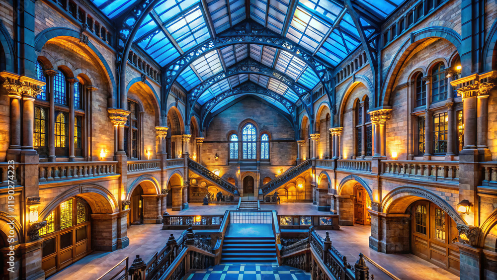 Naklejka premium grand rustic museum interior with stunning blue hour lighting
