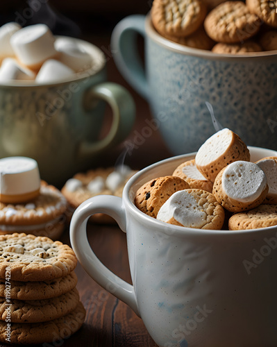 cup of coffee and cookies, marsh mellow, breakfast, morning luxury photo