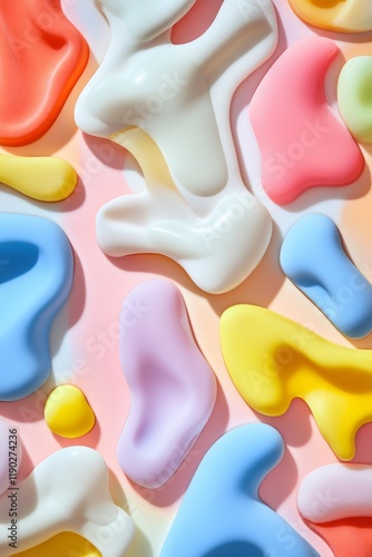 Photo of colorful abstract yogurt shapes in vibrant pastel tones with a glossy finish, arranged in a playful and artistic composition showcasing smooth curves and a modern, creative design