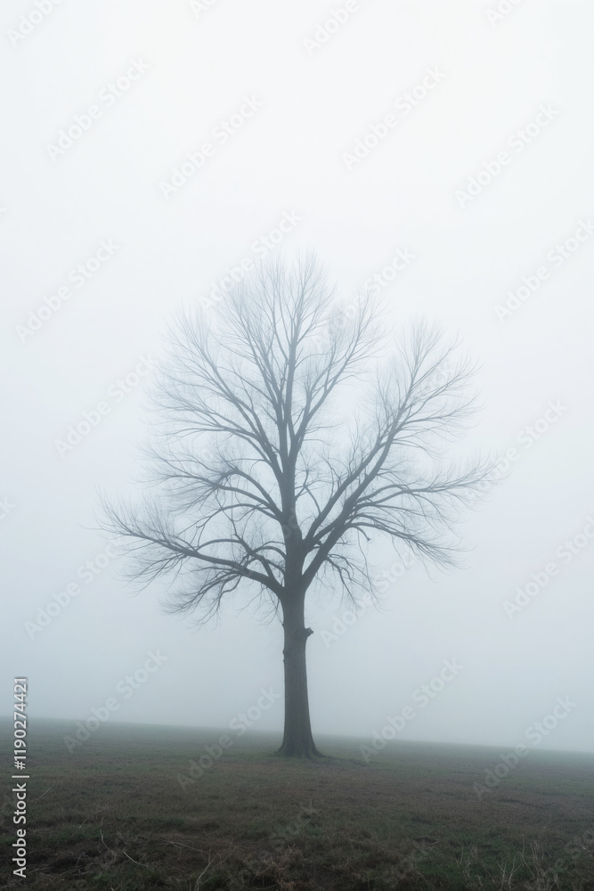 Isolated Bare Tree in Foggy Landscape with Soft Gray Background Isolated Bare Tree in Foggy Landscape with Soft Gray Background