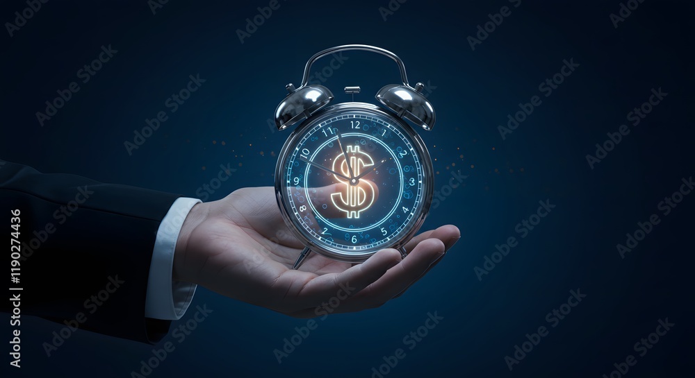 Hand holding clock with dollar sign in futuristic digital style symbolizing time value financial optimization profit analysis and productivity management in economic framework Hand holding clock with dollar sign in futuristic digital style symbolizing time value financial optimization profit analysis and productivity management in economic framework