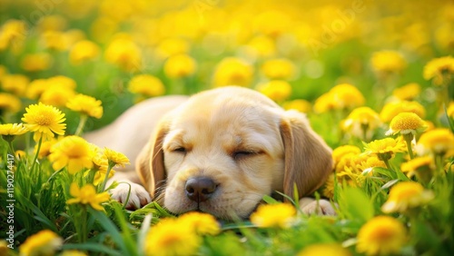 Fototapeta Naklejka Na Ścianę i Meble -  A sleeping puppy surrounded by bright yellow flowers in a green meadow on a sunny day , greenery, natural beauty