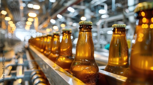 A number of glass bottles on a factory bottling production line, demonstrating a blurred industrial background, a production concept. photo