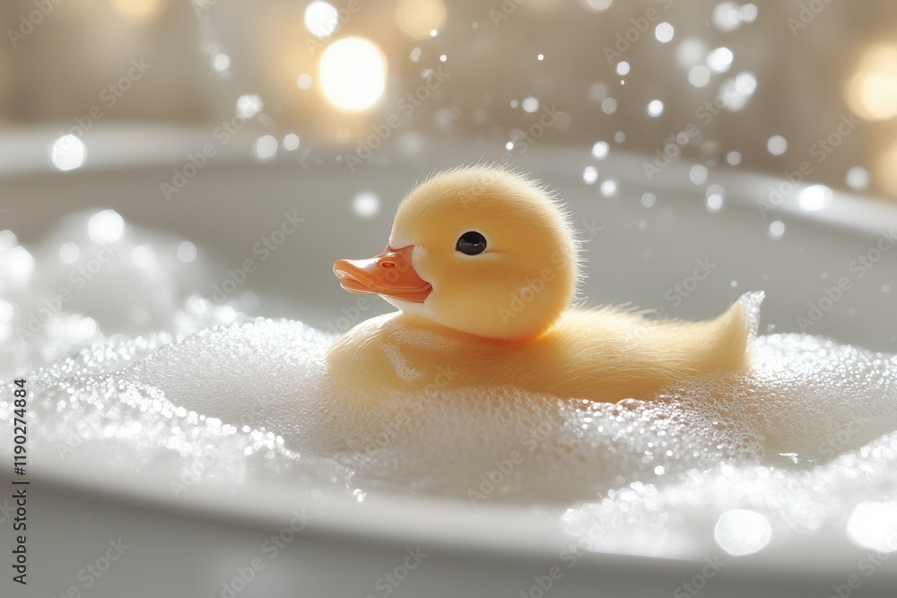 Cute yellow duckling enjoys a bubbly bath in a warm, cozy setting with sparkling lights Cute yellow duckling enjoys a bubbly bath in a warm, cozy setting with sparkling lights