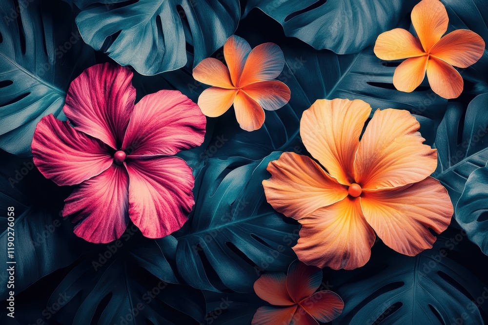 Obraz premium A vibrant tropical flower pattern with bold, bright colors against a dark background