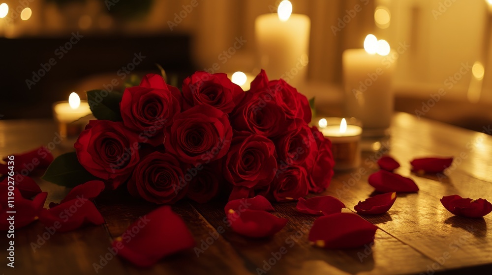 Romantic bouquet of red roses on rustic wooden table surrounded by candlelight and scattered rose petals, perfect for valentine's day, love-themed celebrations, and romantic decor inspirations Romantic bouquet of red roses on rustic wooden table surrounded by candlelight and scattered rose petals, perfect for valentine's day, love-themed celebrations, and romantic decor inspirations