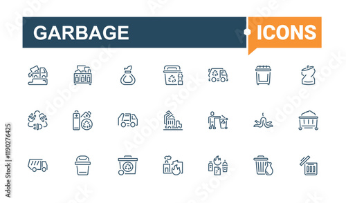 Garbage icon set. Contains such icons as junk, trash, bin, bag, eco, metal and more. Minimalistic icon. Editable stroke. Vector illustration.