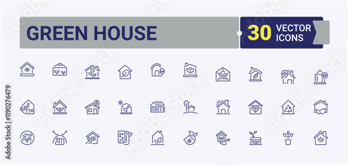 Set of Green House line icons. Featuring bulb, environmental, global, technology, waste, fuel and more. Thin linear style icons. Vector icons editable stroke.