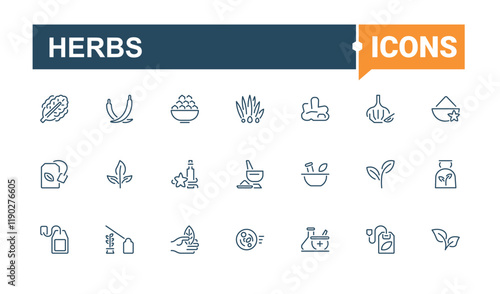 Herbs icon collection. Contains related to utensil, cuisine, web, star, condiments, spice and more. Minimal linear icons. Vector icons editable stroke.