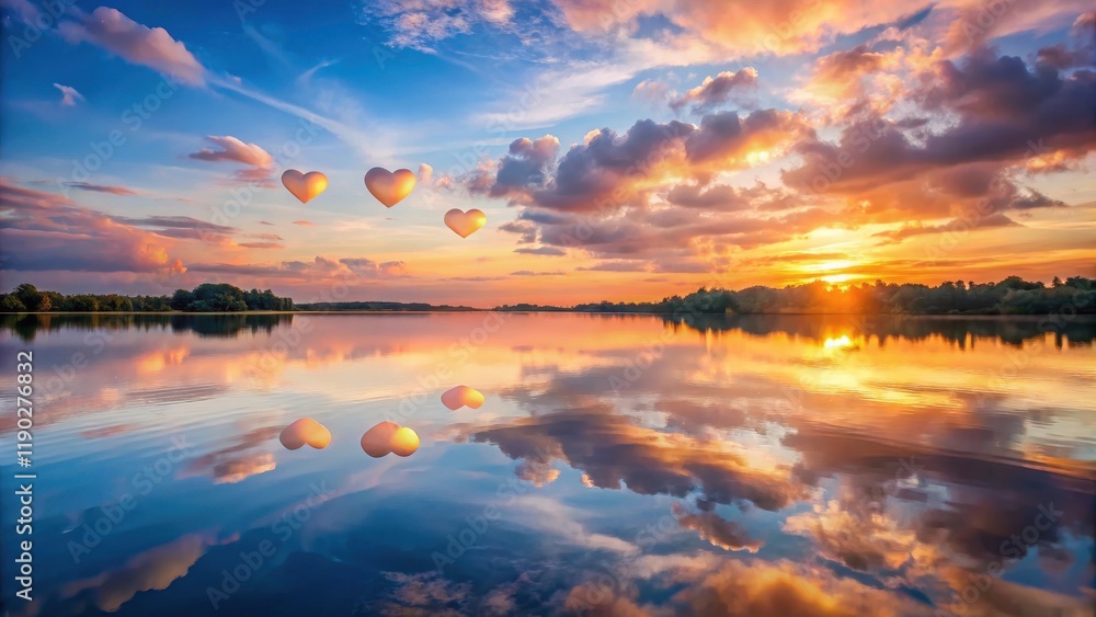 Fototapeta premium Floating hearts overlay on serene lake surface at dawn , morning light reflection glowing clouds, serene water scene heart decoration adornment