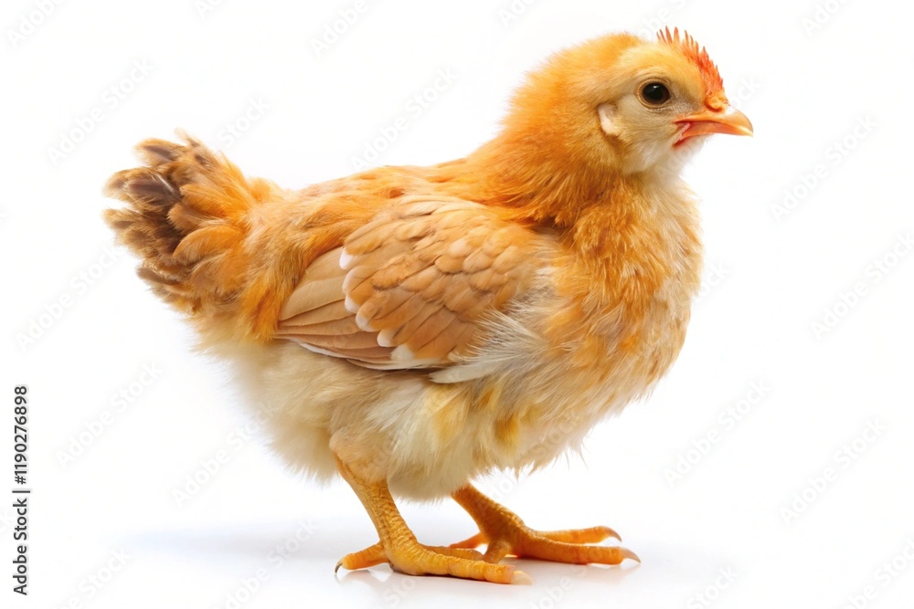 Fototapeta premium A small chicken with a red beak stands on a white background
