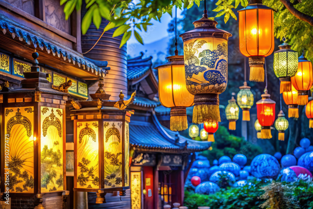 Fototapeta premium vibrant night market scene with colorful lanterns glowing warmly