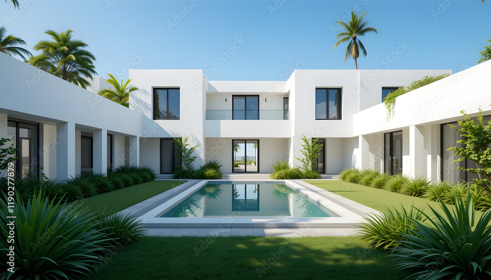 Fototapeta premium Modern white villa with courtyard pool.