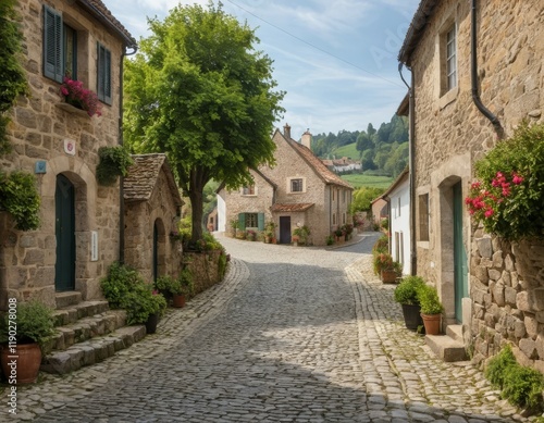 Cobblestone Street in Charming European Village, Stone Houses, Sunlit Day