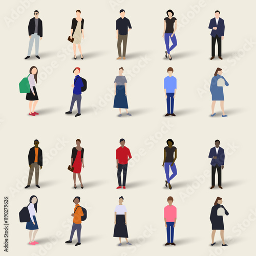 Simple people figures, a set of different human characters. Black and white standing persons. Adult city dwellers in full height. Flat vector illustration isolated on white background.