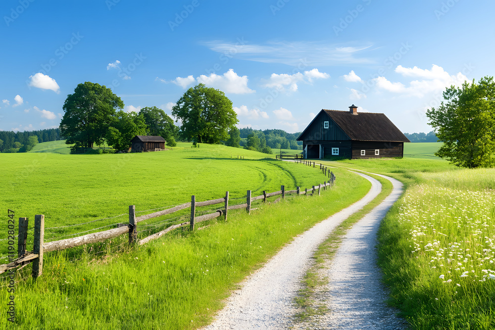 A picturesque rural scene featuring a charming farmhouse, lush green fields, and a winding path under a bright blue sky A picturesque rural scene featuring a charming farmhouse, lush green fields, and a winding path under a bright blue sky