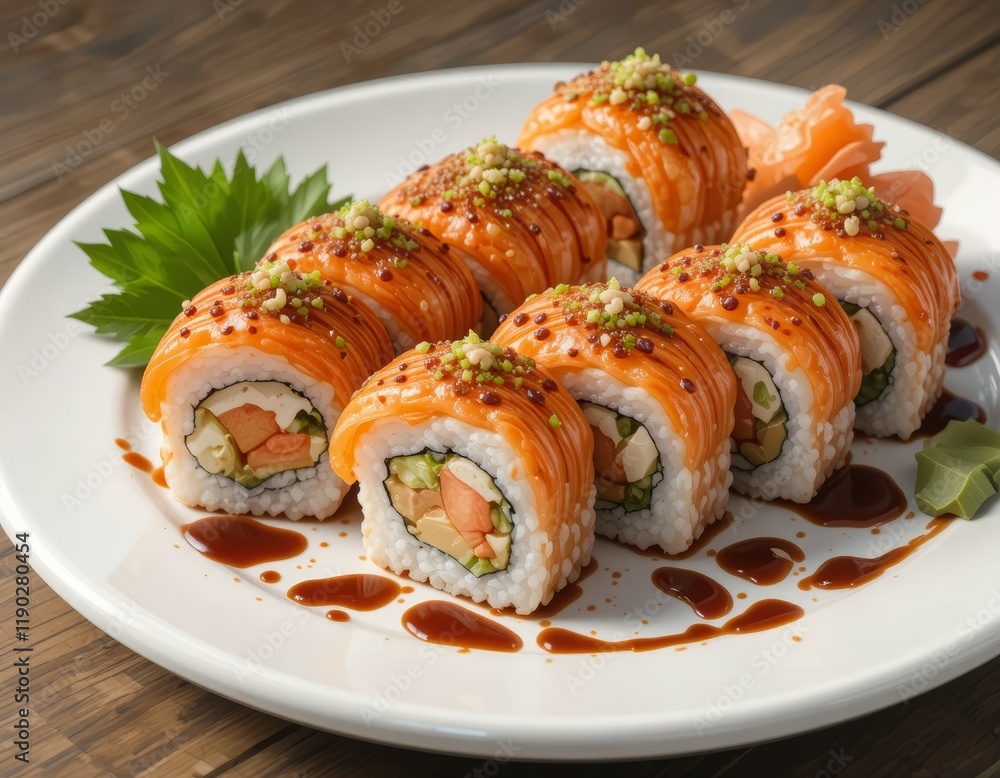 Delicious Salmon Sushi Rolls, Close-up, Japanese Cuisine, Gourmet Food Photography Delicious Salmon Sushi Rolls, Close-up, Japanese Cuisine, Gourmet Food Photography