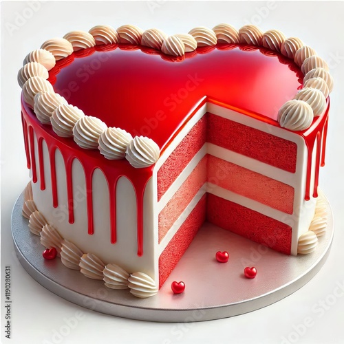 pink heart-shaped sliced cake with strawberries and cherries on top, a sweet and delicious dessert, perfect for a valentine party or special occasion photo