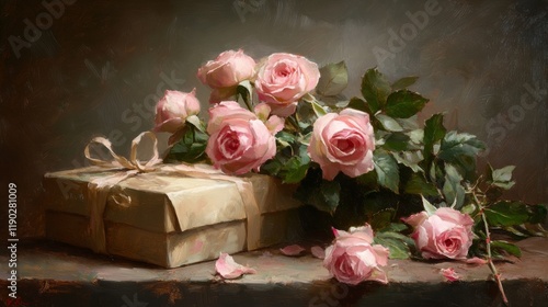 Fototapeta Naklejka Na Ścianę i Meble -  Dark and creepy bouquet of black roses with a mysterious gift box, perfect for halloween, gothic themes, or eerie gift inspirations