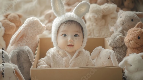 Adorable Baby in Bunny Hat Surrounded by Stuffed Animals photo