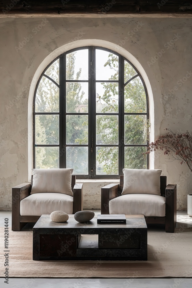Generative AI, Industrial-modern living room with arched windows and natural accents Generative AI, Industrial-modern living room with arched windows and natural accents