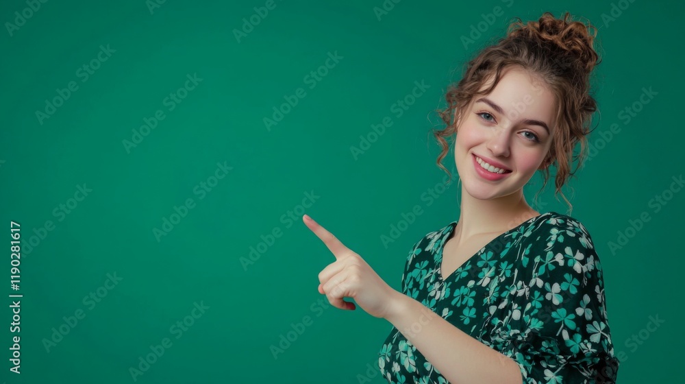 Smiling woman with curly hair points to the left in a green backdrop with space for text Smiling woman with curly hair points to the left in a green backdrop with space for text