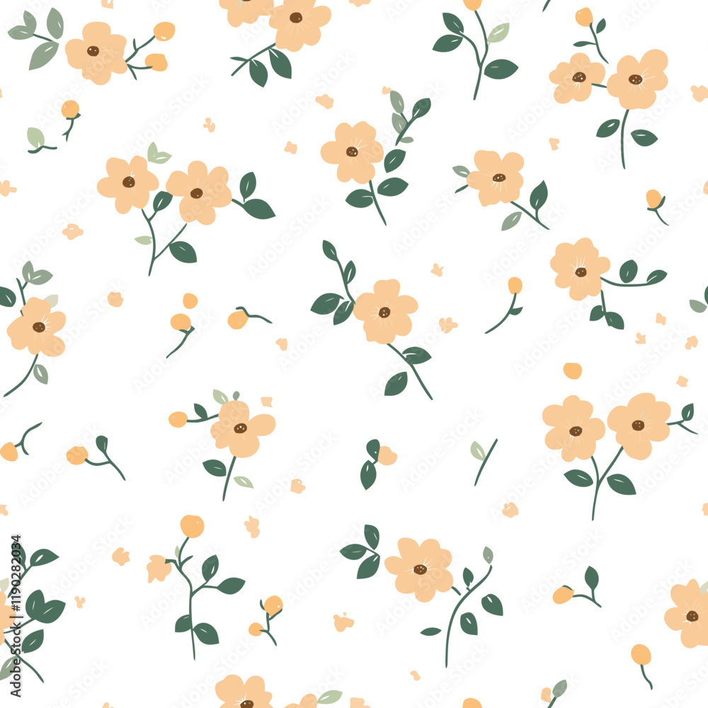 Fototapeta premium Seamless Peach Floral Pattern with Delicate Green Leaves